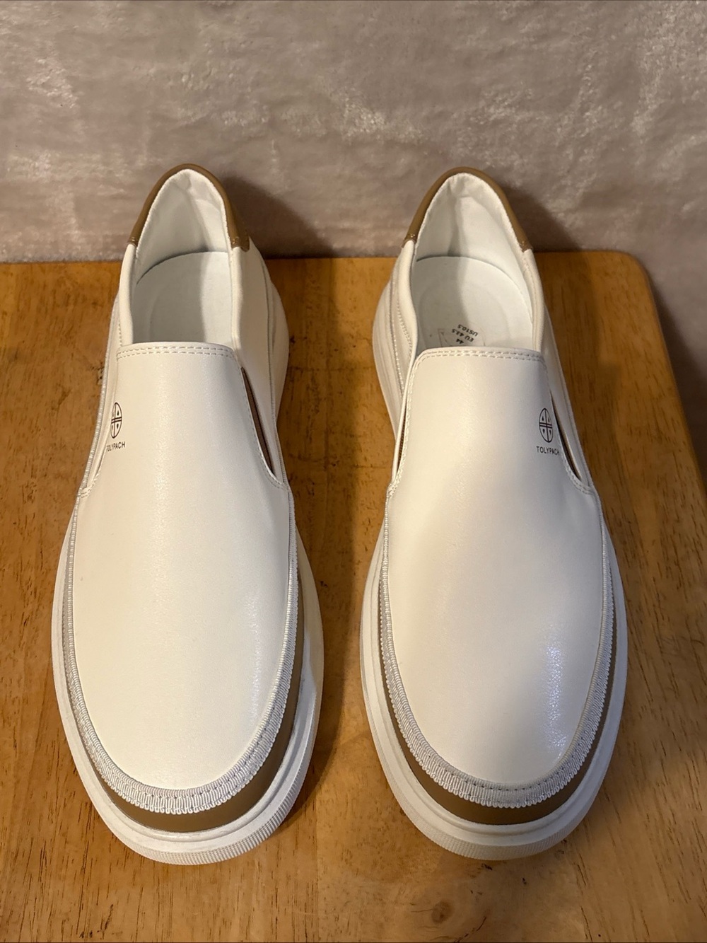 New Tolypach White Slip-On faux Leather Loafers with Tan Heel Trim